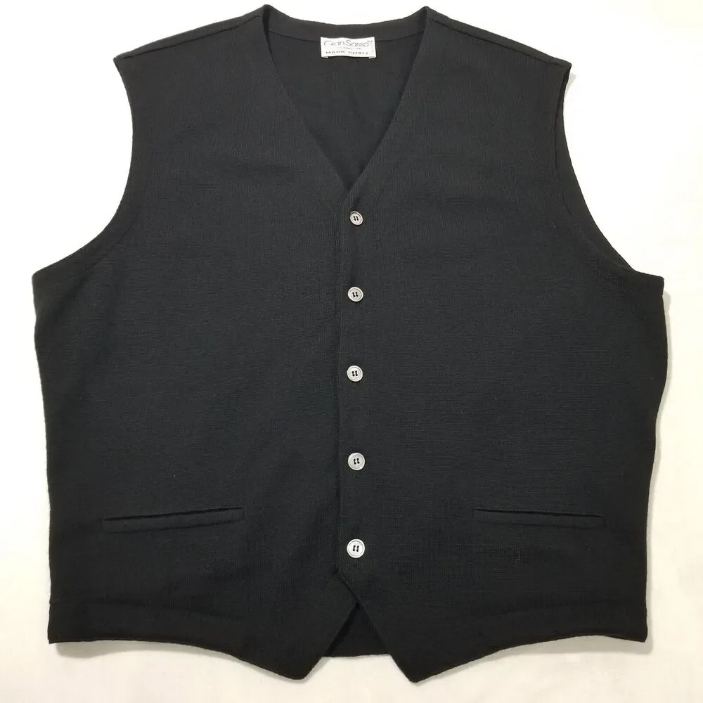 Gran Sasso Cardigan Sweater Vest Mens Waistcoat 100% Virgin Wool Black Italy